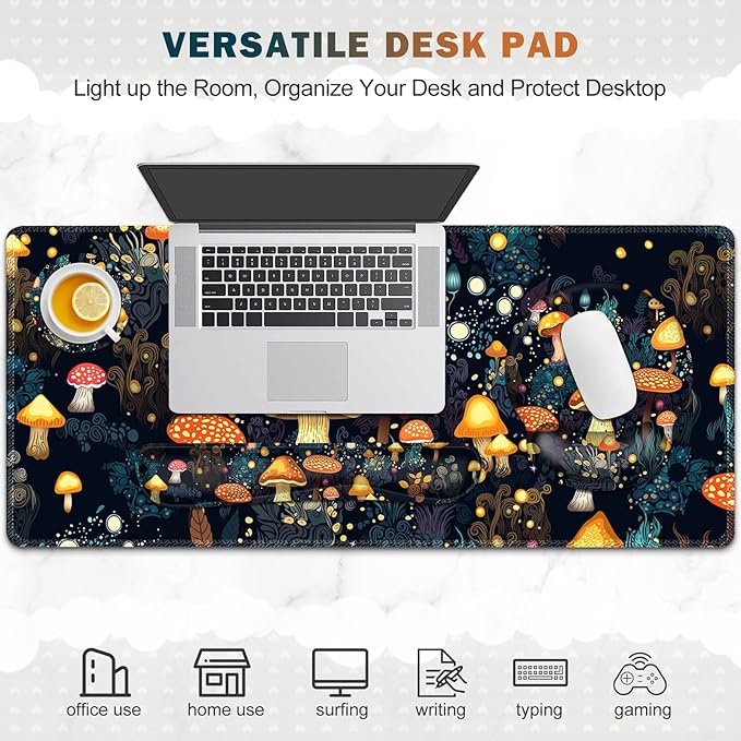 Gaming Mouse Pad, Large Desk Mat, Cute Desk Pad Protector, 4in1 XXL Mousepad + Keyboard Wrist Rest+Mouse Wrist Rest+Coaster Set with Ergonomic Desk Pad for Home Office Table Computer, Lovely Mushroom