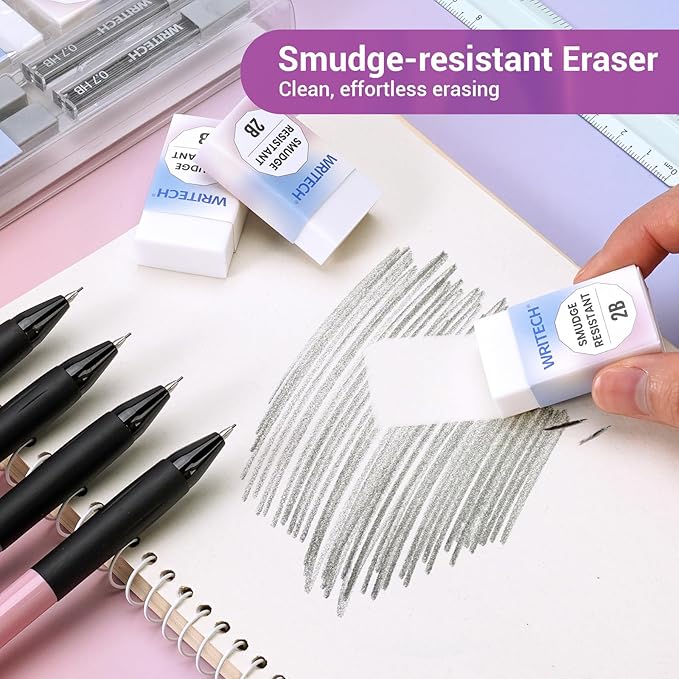 WRITECH Up Mechanical Pencil Set: 4ct Colorful Barrel 0.7mm Mechanical Pencils with 4 Tubes of HB Lead Refills and 4 Extra Erasers for Writing Drawing Sketching Drafting