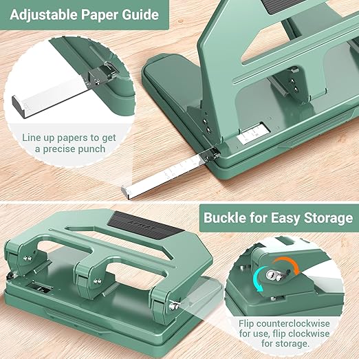 AFMAT HPX2 Heavy Duty 3 Hole Puncher, 40-Sheet Three Hole Punch Heavy Duty, 50% Reduced Effort Paper Punch, 10K+ Uses, Metal Hole Puncher 3 Ring w/Large Tray, Bulit-in S.S. Paper Guide, Green