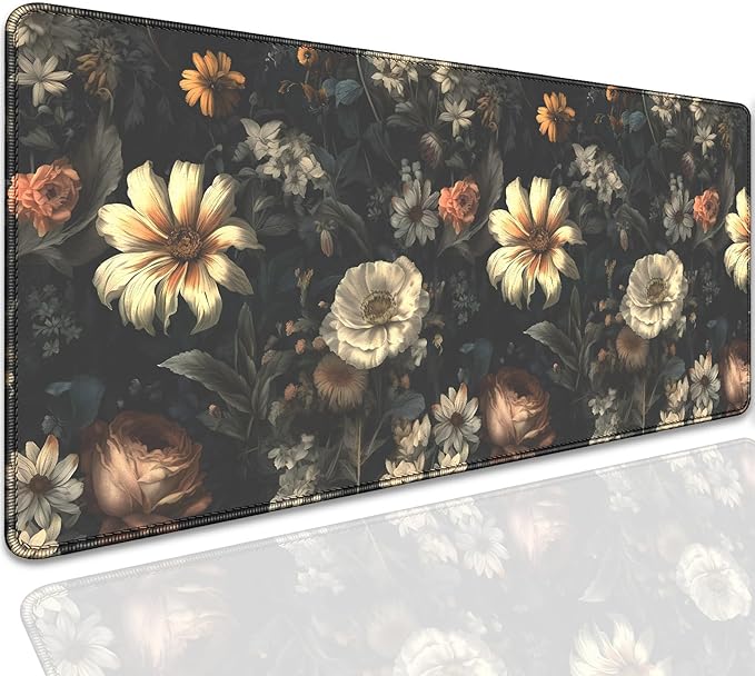 Black Background Flowers Desk Pad Mouse Pad,Large Floral Mouse Mat with Stitched Edges,Non-Slip Rubber Base Elegant Mousepad for Office PC Keyboard Laptop and Home Work Desk Mat(27.5X11.8 in)