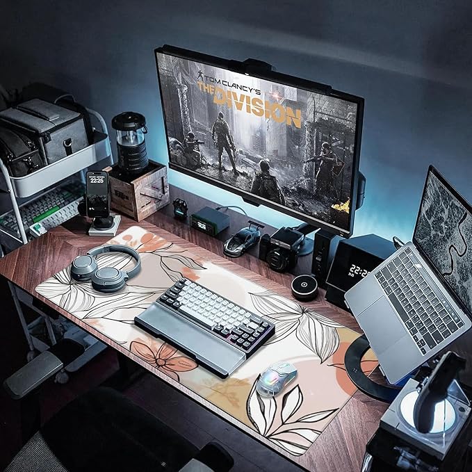 Large Gaming Mouse Pad for Desk, Abstract Flowers and Leaves Desk Mat for Desktop, Non-Slip Rubber Base Stitched Edges Long Computer Keyboard Mouse Mat Desk Pad for Home Office Gaming 35.4"X15.7"