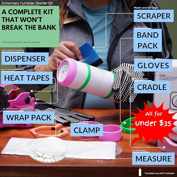 echomerx Sublimation Tape Dispenser Bundle Tumbler Edition - Semi-Auto Tape Dispenser, Heat Resistant Gloves, Heat Tapes & More - Ultimate Starter Kit for Tumbler Sublimation
