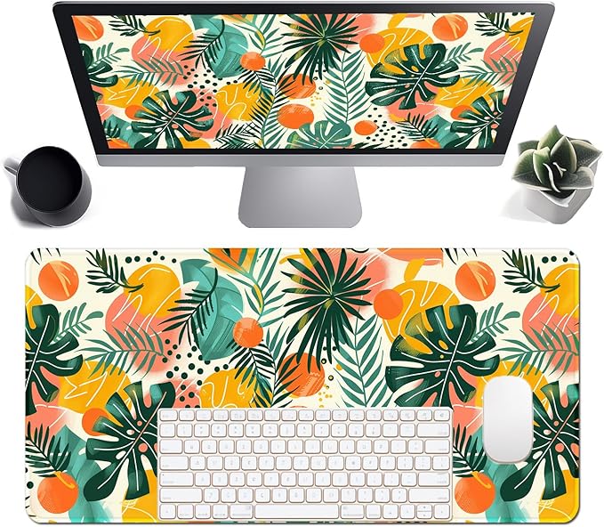 Tropical Leaves Large Mousepad 31.5 x 15.7 inch, XXL Waterproof Desk Mat Gaming Mouse Pad, Aesthetic Flowers Desktop Mat, Laptop Pad, Computer Writing Mat for Home Office Desk Decor