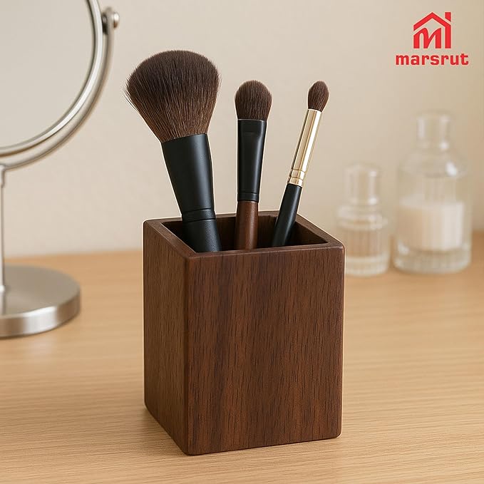 Wooden Pencil Holder for Desk, Wood Pen Black Walnut Cup Holder Square Handwork Natural Organizer Simple Stand for Pencils Make up Brushes Stationery Desks Offices Desk Desktop Decoration (Brown)
