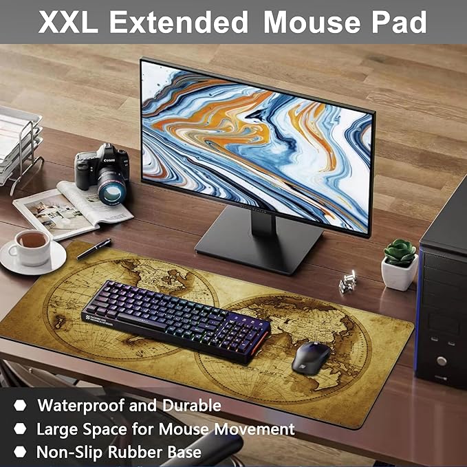 Mouse Pad, Large Antique World Map Desk Mat, Extended Non-Slip Gaming Keyboard Mousepad Desk Pad, Thick Stitched Edges Waterproof Mouse Mat 31.5"x15.7" (Retro World Map)