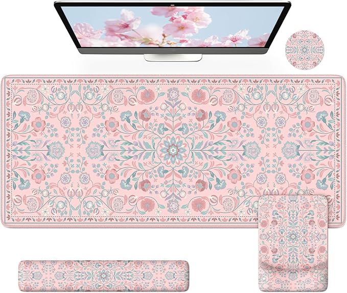 iCasso Mouse Pad with Wrist Rest,Large Desk Mat Set,Ergonomic Keyboard Pad with Wrist Support,Non-Slip Mouse Mat for Women,Cute Floral Computer Mat for Home Office Gaming (Pink)
