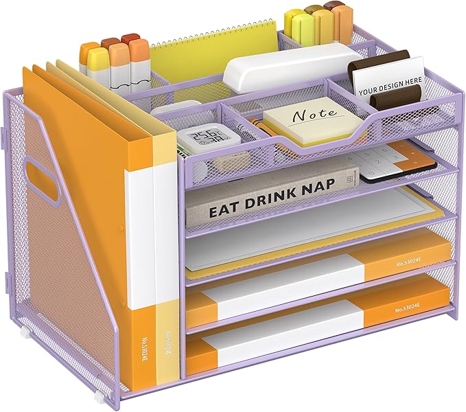 5 Tier Paper Letter Tray with File Holder and 3 Drop-in Pen Holders, Mesh Desk File Organizer with Handle, Desk Organizers and Accessories for School,Home, Office Supplies Storage-Purple