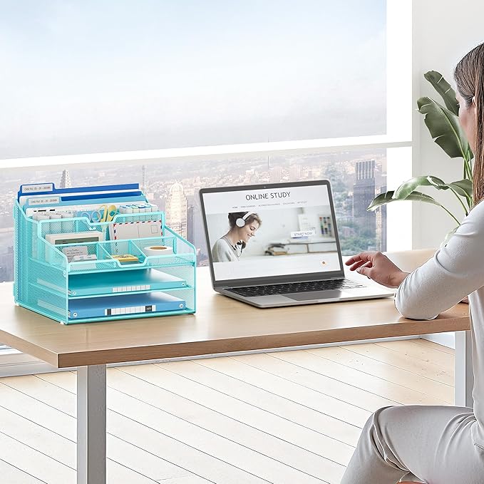 Lavatino Desk Paper File Organizer - Metal Mesh with 2 Letter Trays, 7 Flexible Dividers, 2 Vertical File Folder Holders for Office/Home/Classroom Supplies, Desk Organizers and Accessories, Silver