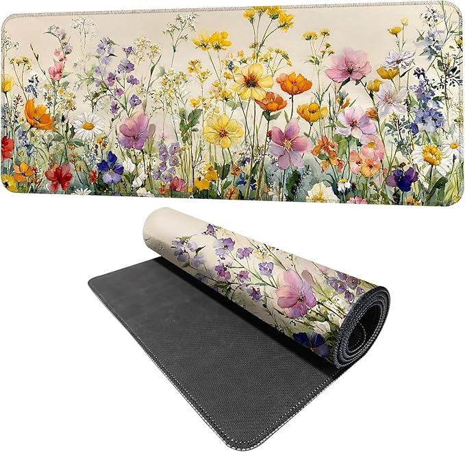 31.5" x 11.8" Watercolor Floral Mouse Pad – Vibrant Wildflower Garden Desk Mat with Daisy, Poppy & More – Extended Non-Slip Mouse Pad for Home Office Decor