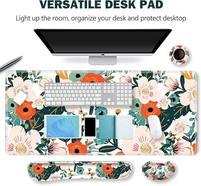 ARTSO Extended Gaming Mouse Pad Set, Keyboard Wrist Rest Support Pad + Wrist Cushion + XXL Large Mouse Pad + Coaster, Stitched Edge, Non-Slip, Memory Foam Desk Mat, Flower