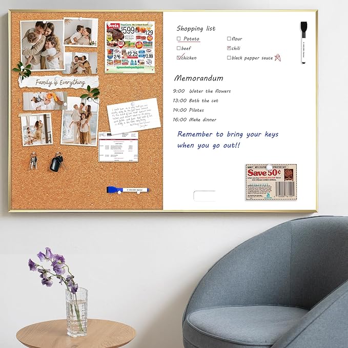 ARCOBIS Cork Board White Board Combo, 36 x 24 Inch Bulletin Board-Gold Frame, Magnetic Dry Erase Board & Corkboard for Wall, Vision Board for Home, Office, School