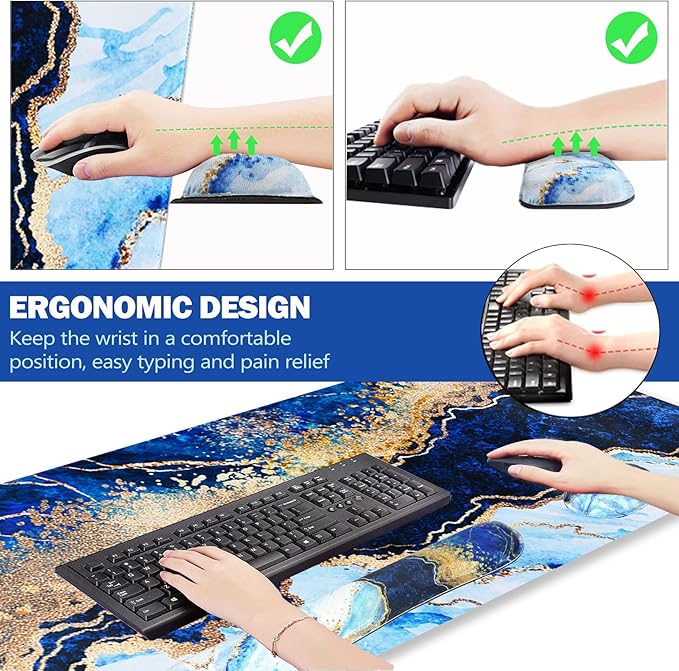 ARTSO Large Gaming Mouse Pad, Keyboard Wrist Rest Pad & Wrist Support Mousepad Set, Stitched Edge, Extended, Non-Slip Base, Memory Foam,Multifunctional Desk Mat 4pcs for Office & Home, Blue Marble