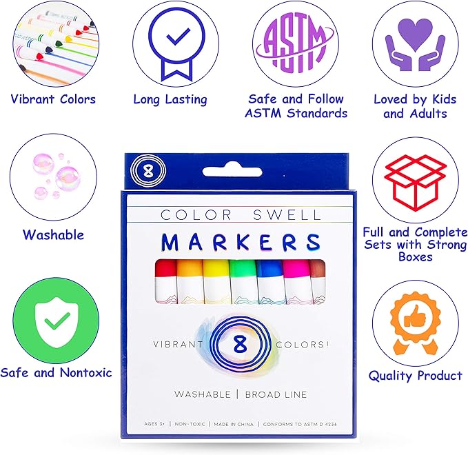 Color Swell Bulk Markers and Bulk Neon Crayons (6 Boxes of Each) - 144 Total Regular Crayons and 48 Total Broad Line Markers