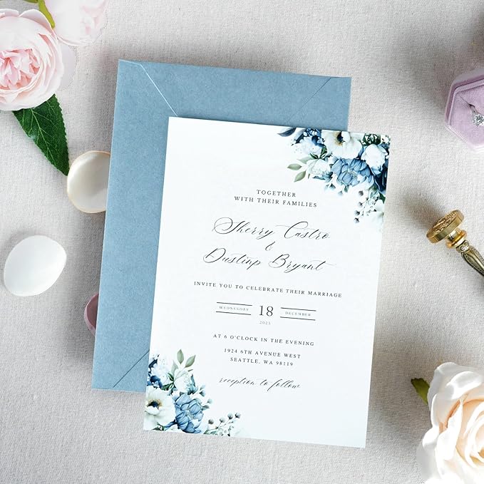 PONATIA 50 PCS A7 Envelopes, 5.25 x 7.48'' Matte Dusty Blue Envelope for 5x7'' Weddings Invitation Cards, Christmas Gift Cards, Acrylic Invitations, Photos and Any 5x7" Inserts