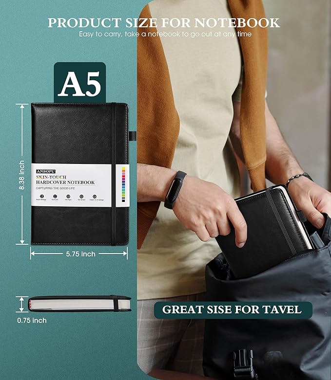 Lined Journal Notebook for Writing, A5 100 GSM Thick Paper, Leather Hardcover Journal for Woman Men, Travel Journal Diary 160 Pages(5.75'' X 8.38'' Black)