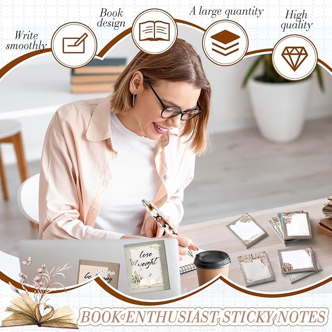 Sabary 9 Pads Cute Sticky Notes Animal Sticky Note Pads 3.15 x 3.94 Inches Colored Adhesive Memo Reminder Decor for Journal School Office Gifts(Book Lover)