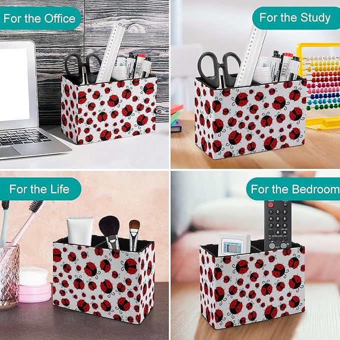 Pen Holder, Pencil Holder for Desk Organizer, Summer Red Ladybugs PU Leather Pencil Cups Desktop Stationery Storage Makeup Brush Holder Pen Organizer for Office Home