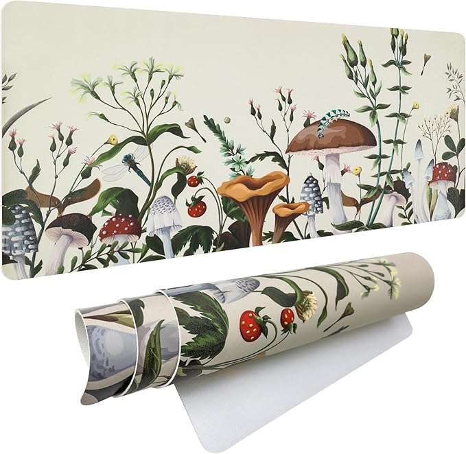 Bloss Plant Mushroom Desks Pad,Large Mouse Pad for Desktop, Leather Floral Desk Mat for Keyboard and Mouse,Waterproof Computer Laptop Desk Protector Mat for Office/Home/Women Gift,White 31.5" x 15.7"