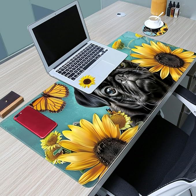 Desk Mat Large Gaming Mouse Pad (31.5x11.8 inch) with Stitched Edges, XL Mouse Pad +Coaster, Extended Mouse Mat Keybroad Mousepad Non-Slip Rubber for Gamer Men Women, Black Bulldog