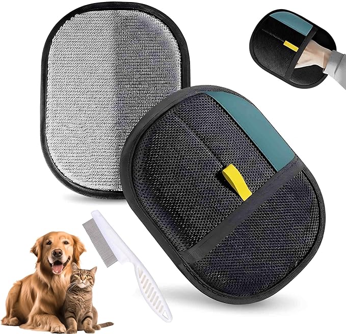 Pet Hair Removal Glove & Lint Mitt for Dogs, Cats - Electrostatic, Reusable & Washable Deshedding Grooming Mitt for Furniture, Car Seats, Couch, Carpet, Bedding