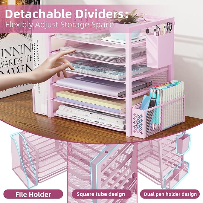 Simple Trending 6 Tier Desk File Organizer, Paper Letter Tray Organizer with File Holder and Pen Container, Pink