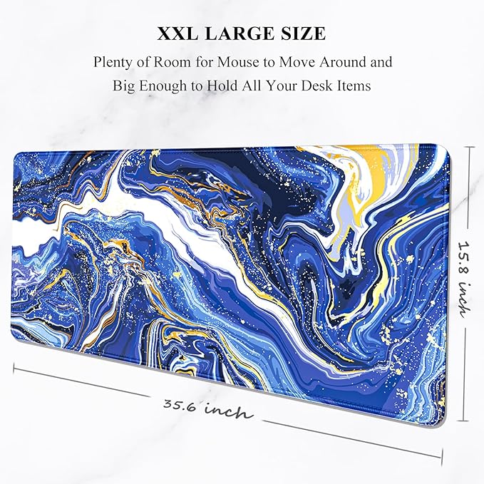Auhoahsil Large Gaming Mouse Pad, Marble Theme XXL 35.4 x 15.7 in Desk Pad Stitched Non-Slip Rubber Long Computer Mousepad Thin Extended Full Size Desk Mat for Desktop Laptop Wireless Mice, Blue