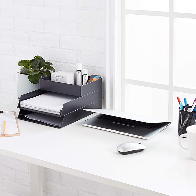 Amazon Basics Rectangular Plastic Desk Organizer with Storage Trays, Accessory Tray, 9.4 x 6.7 x 2 inch, Black, 1 Pack