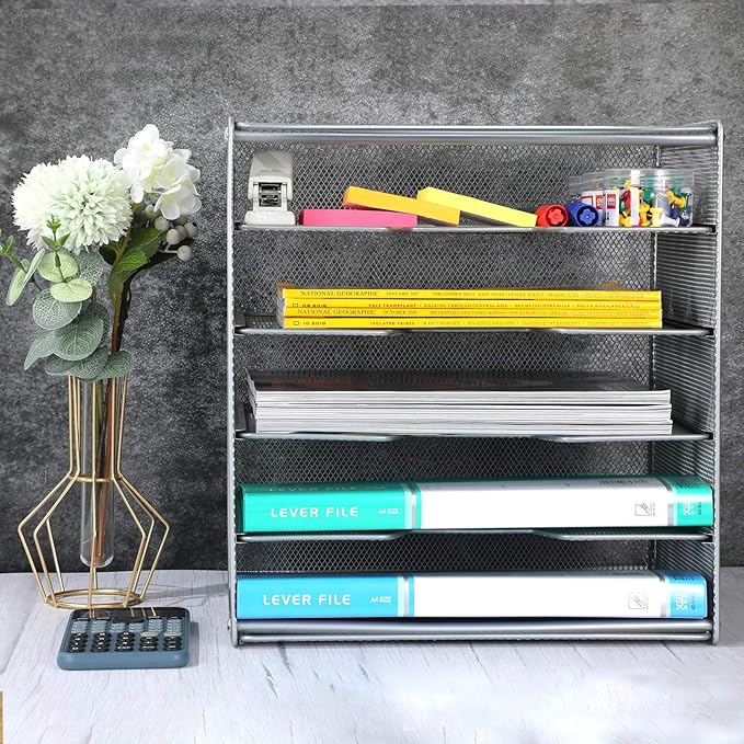 Samstar Paper Letter Tray, Metal Desk File Organizer with 5 Tier Shelf and Sorter,Silver