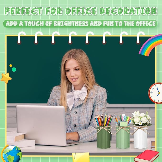 Domensi 6 Pcs Sage Green Pen Holder Cup for Desk Pencil Holder Marker Pen Metal Organizer Wedding Table Centerpiece Small Galvanized Metal Tin Vases for Artificial Flowers Office Stationery Storage