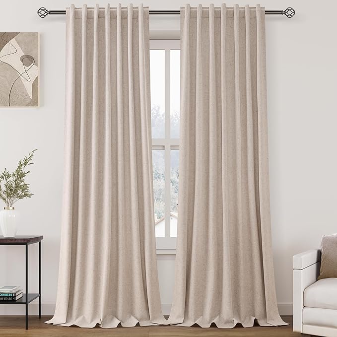 100% Blackout Linen Curtains 90 inch Length 2 Panels for Living Room Loop Pocket Pinch Pleated Black Out Drapes Oatmeal Heat Reducing Total Blackout Window Curtains for Bedroom 90 inches Long