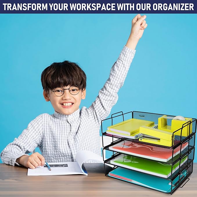 Stackable Paper Tray Desk Organizer, 4-Tier Metal Mesh Letter Organizers for Business, Home, School, or Store Use, Organizes Files, Folders, Letters, Paper, Binders, Multi-Functional Desktop Storage