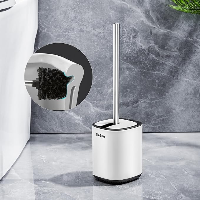 Toilet Brush and Holder Set Toilet Bowl Brush Stainless Steel Automatic Open lid Toilet Bowl Cleaner Brush with Durable Bristle Head Toilet Cleaning Brush for Bathroom (White, 1 Pack)