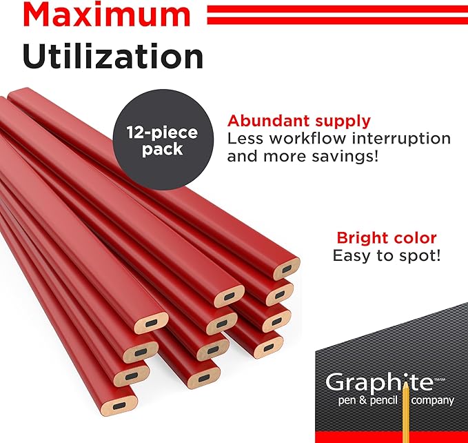 GRAPHITE Hard Lead Carpenter Pencils Bulk - (1) Pack of 12 Pieces Lumber Wooden Pencil #2 (HB) - Red