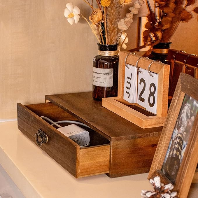 Office Desk Organizer with Drawers Light Brown Vintage Wood Desktop Storage Box Workspace School Supplies Farmhouse Kitchen Countertop Organizer Makeup Storage Box for Home Toiletries Supplies Vanity