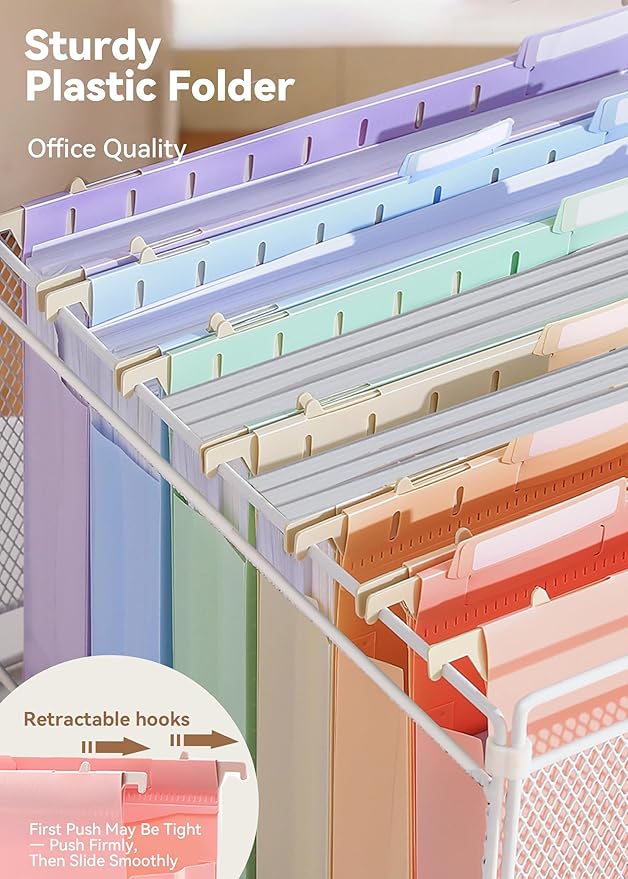 Plastic Extra Capacity Hanging File Folders, 2" Pastel Expanding Pocket, Heavy Duty for Filing Cabinet, Insertable 1/5-Cut Tabs, Letter Size - 12 Pack