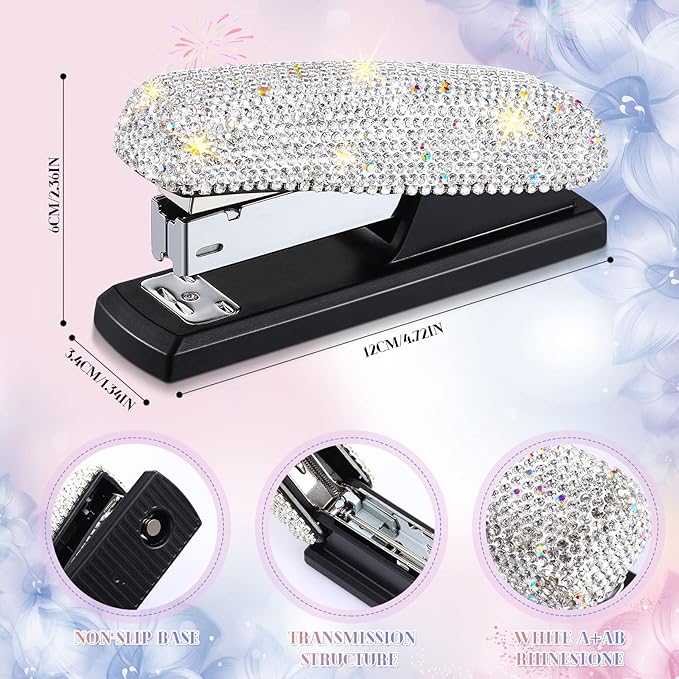 Yexiya Bling Crystal Stapler Gift Sparkly Diamond Stapler for Desk Handmade Clay Rhinestone Machine Pretty Office Stationery Kit Stylish Accessory for Women Lady Christmas(Silver)