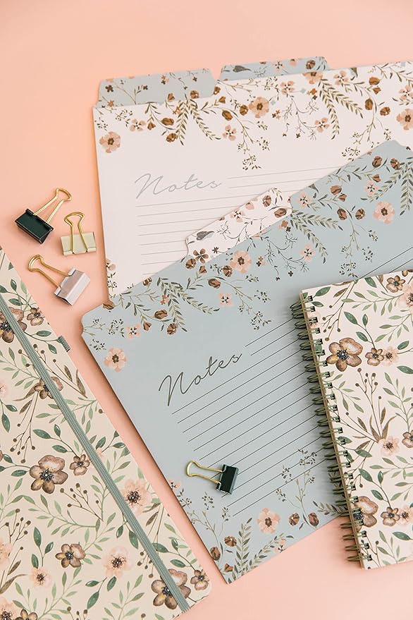 Steel Mill & Co Thick Sturdy File Folders Decorative, Set of 6 File Folders with Tabs and Sticker Labels, Cute Colored File Folders Letter Size with Notes Section, Woodland Floral