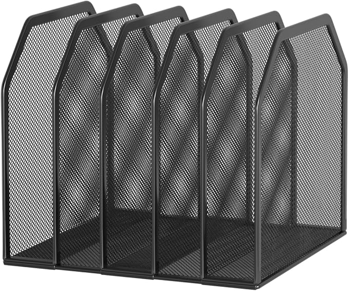 Metal 5-Section File Folder Organizer for Desk | Compact Vertical Desk File Holder | Desktop Paper Sorter for Documents, Notebooks, Books | Black Office Organizer (9.3”x8.5”x7.9”)