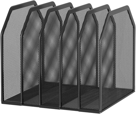 Metal 5-Section File Folder Organizer for Desk | Compact Vertical Desk File Holder | Desktop Paper Sorter for Documents, Notebooks, Books | Black Office Organizer (9.3”x8.5”x7.9”)