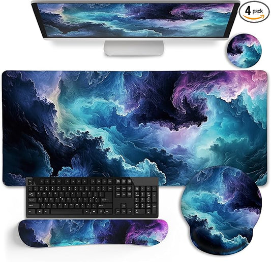 Galaxy Mouse Pad Set Large Desk Matt for Desktop, Ergonomic Mouse Pad with Wrist Rest, Gaming Mousepad Wrist Support Keyboard Mat Cup Coaster Set Cute Office Desk Decor Accessories