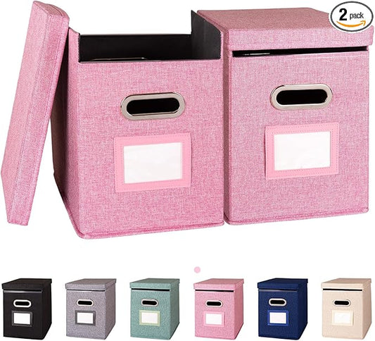 2 Pack Hanging File Folders Organizer with Lid, Letter Size Fabric File Storage Box Collapsible, Portable Office Document Holder with Metal Handle, Smooth PVC Rails, Pink