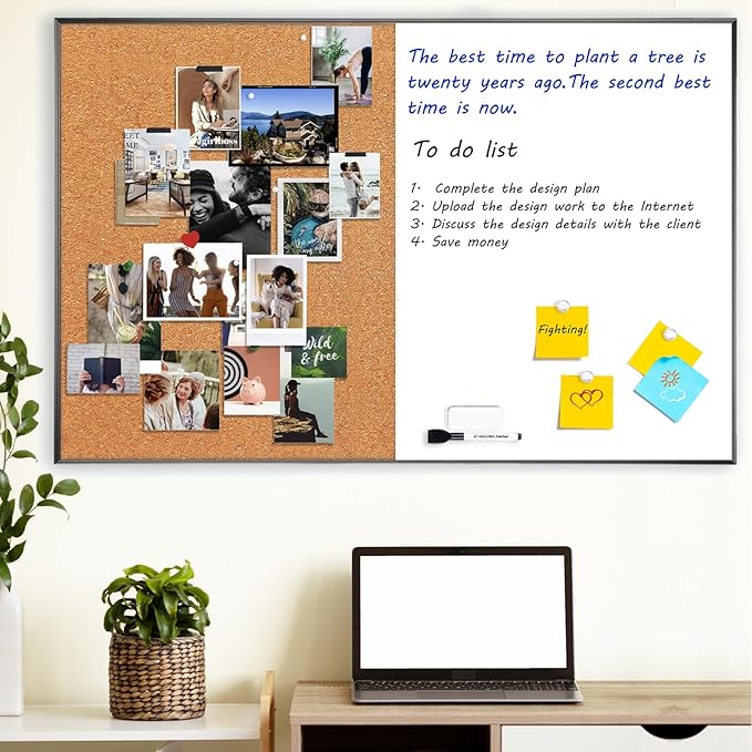 ARCOBIS Cork Board White Board Combo, 36 x 24 Inch Bulletin Board, Magnetic Dry Erase Board & Corkboard for Wall, Vision Board for Home, Office, School, Black Frame