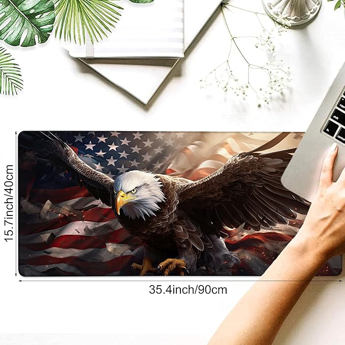 Desk Pad, American Flag and Bald Eagle XXL Gaming Mouse Pad with Stitched Edges,Non-Slip Waterproof Rubber Base Large Desk Mat for Keyboard and Mouse 35.4"x15.7"