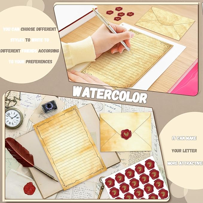 TaoBary 160 Pcs Stationery Paper Set 50 Double Sided Stationery Papers with 50 Matching Envelopes and 60 Round Dot Sticker, 10 Design(Light Vintage,8.5 x 11 Inch)