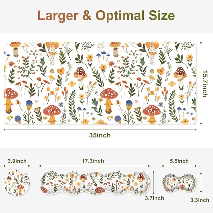 Desk Mat Gaming Mouse Pad, Cute Desk Matt Keyboard Wrist Rest for Desktop, Anti-Slip Mousepad w/Stitched Edges, XXL Large Mouse Pad with Wrist Support for Desk Computer I Mushroom Plant Leave