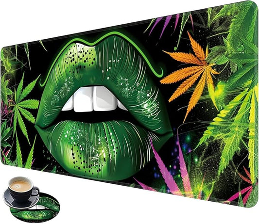 Desk Mat Large Gaming Mouse Pad (31.5x11.8 inch) with Stitched Edges, XL Mouse Pad +Coaster, Extended Mouse Mat Keybroad Mousepad Non-Slip Rubber for Gamer Men Women, Green Lip Weed