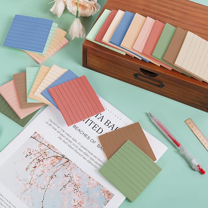 24 Pack Lined Sticky Notes 3x3 in Ruled Stickies Super Sticking Power Memo Pads, Vintage Colors Sticky Notes with Lines Self-Stick Note Pads