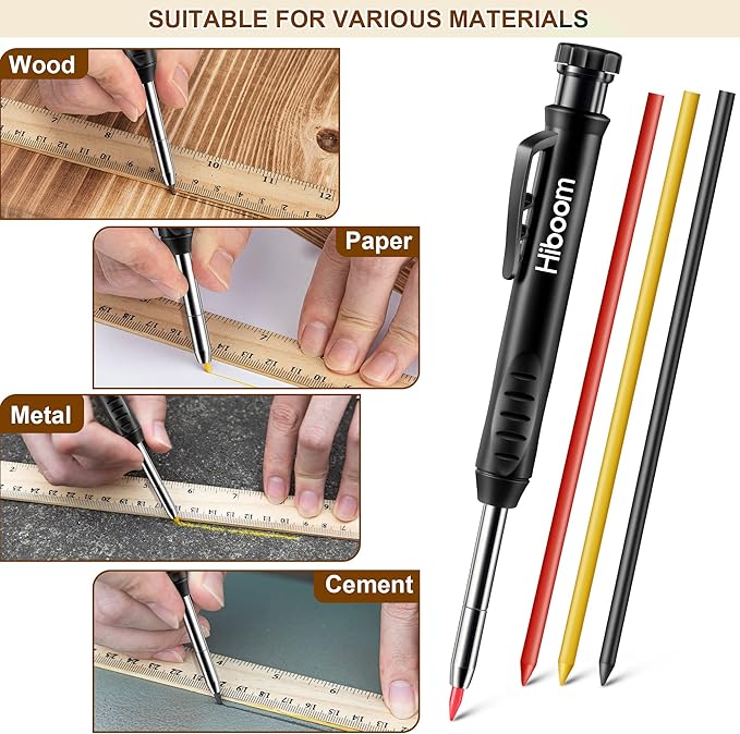Hiboom 2 Pack Solid Carpenter Pencils with Pencil Cap and 18 Refills, Long Nose Deep Hole Mechanical Pencil Marker, Scribe Tool with Built-in Sharpener for Construction Woodworking Architect (Black)