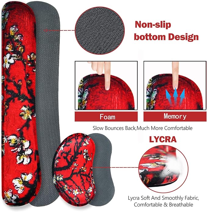 ARTSO Large Gaming Mouse Pad, Keyboard Wrist Rest Pad & Wrist Support Mousepad Set, Stitched Edge, Extended, Non-Slip Base, Memory Foam Desk Mat 4pcs for Office & Home, Red Van Gogh Painting