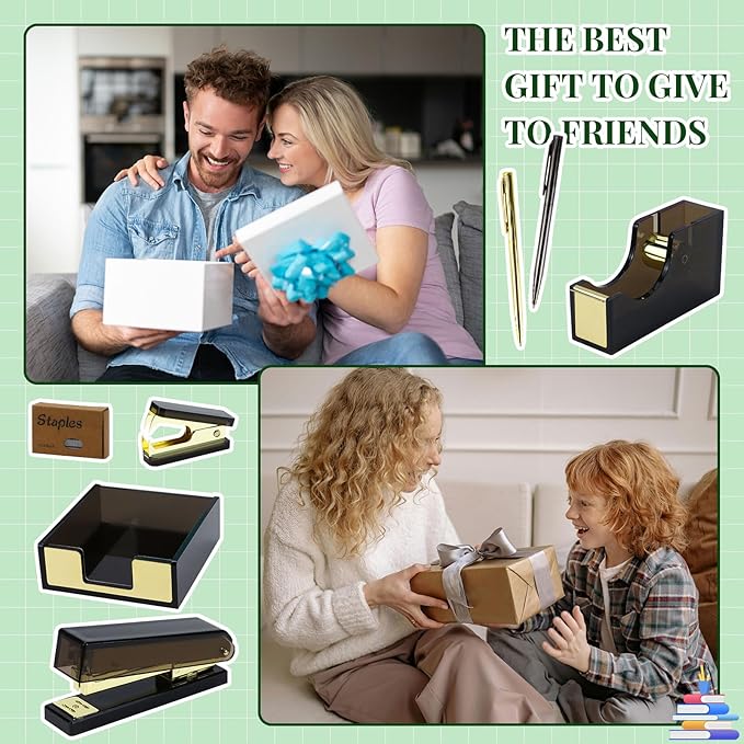 Buqoo Black Acrylic Sticky Notes Holder Stapler and Tape Dispenser Cutter with Staple Remover, Sticky Notes, Paper Clips, Scissor, Ballpoint Pen for School Home N Office Supplies